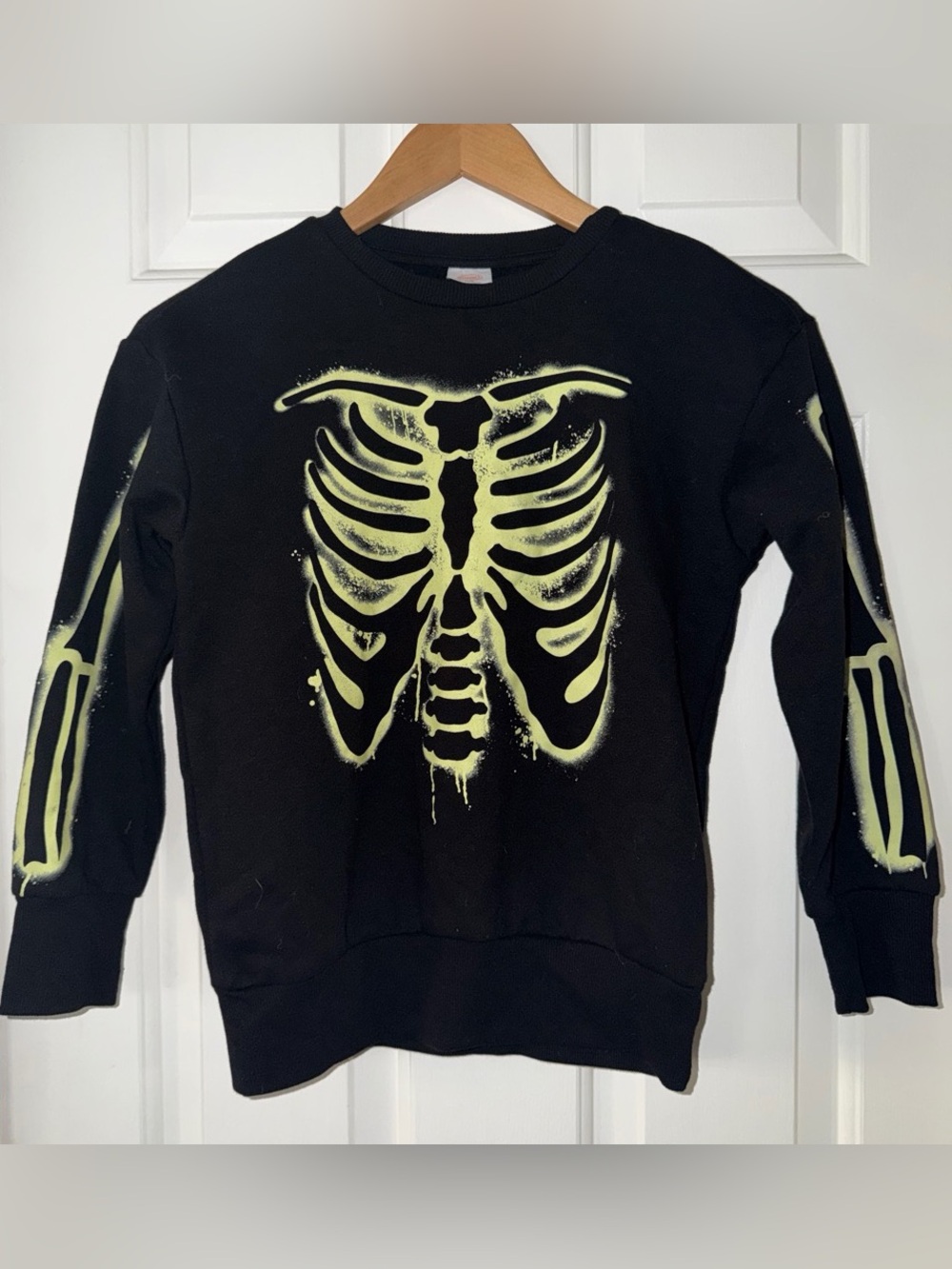 wonder nation Black Crewneck Sweater with Neon Yellow Skeleton Print